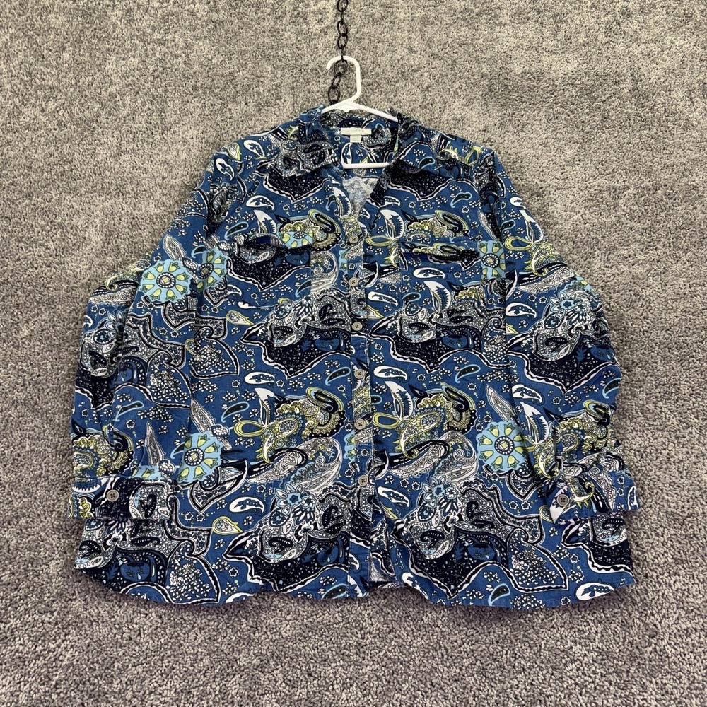 Dressbarn Shirt Womens 22/24 Blue Paisley Long Sleeve Button Up Casual Top